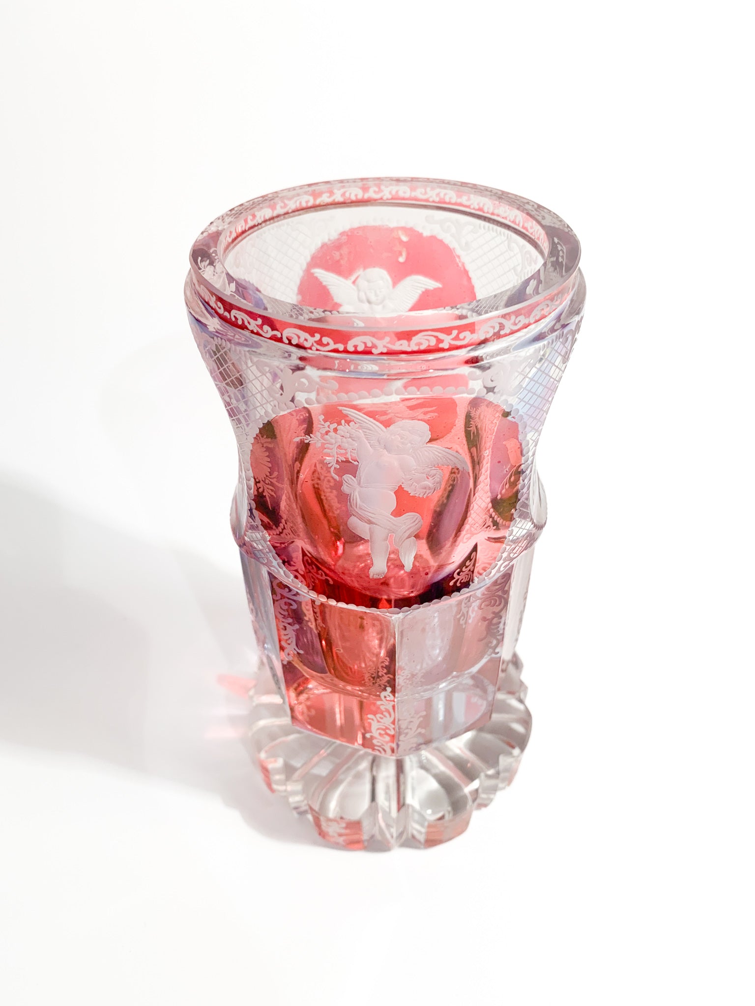 Pink and Purple Biedermeier Crystal Glass Decorated with Acid in 1800