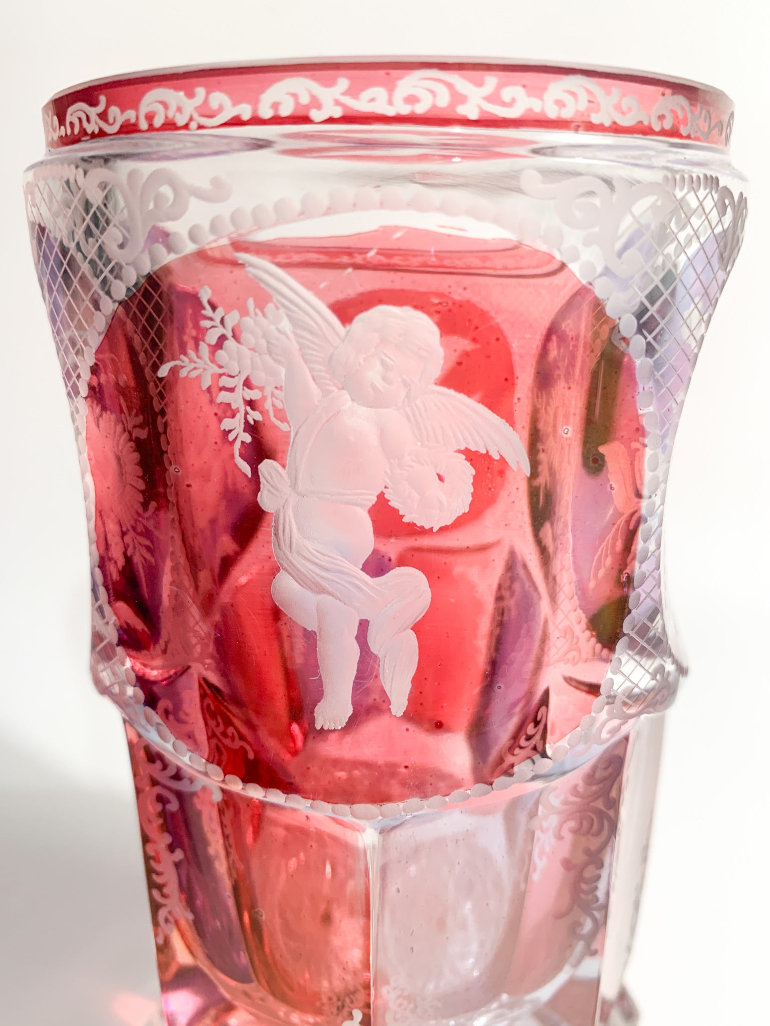 Pink and Purple Biedermeier Crystal Glass Decorated with Acid in 1800