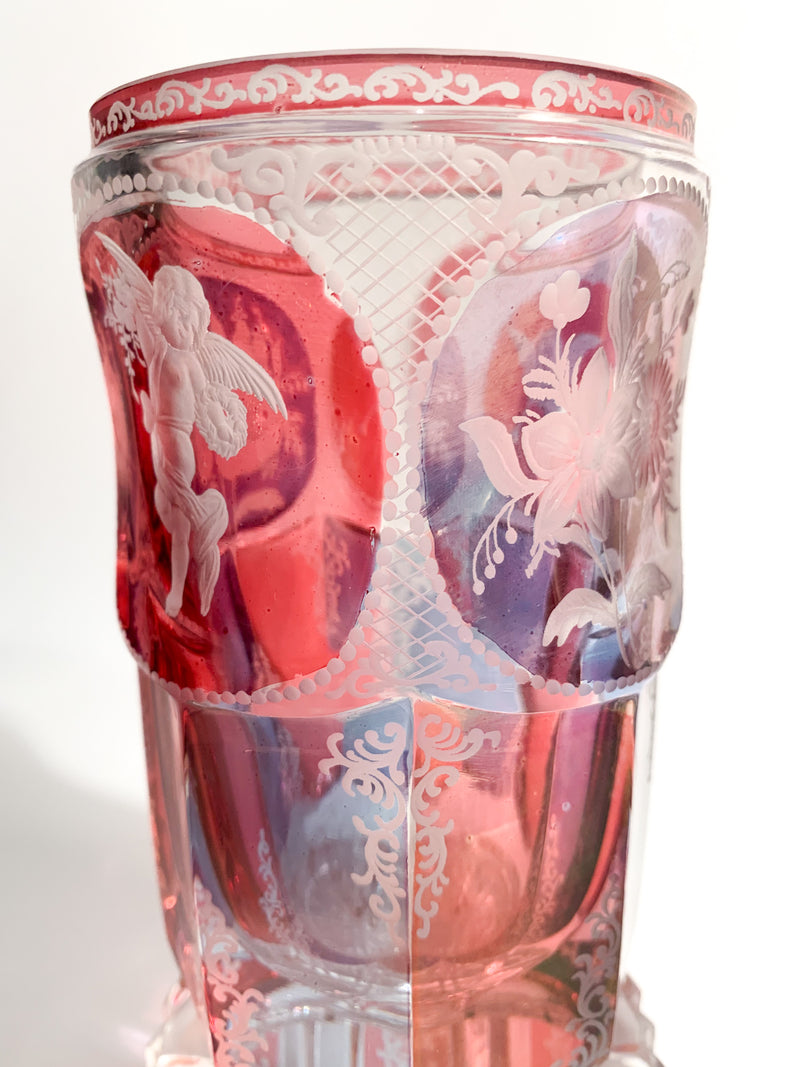 Pink and Purple Biedermeier Crystal Glass Decorated with Acid in 1800