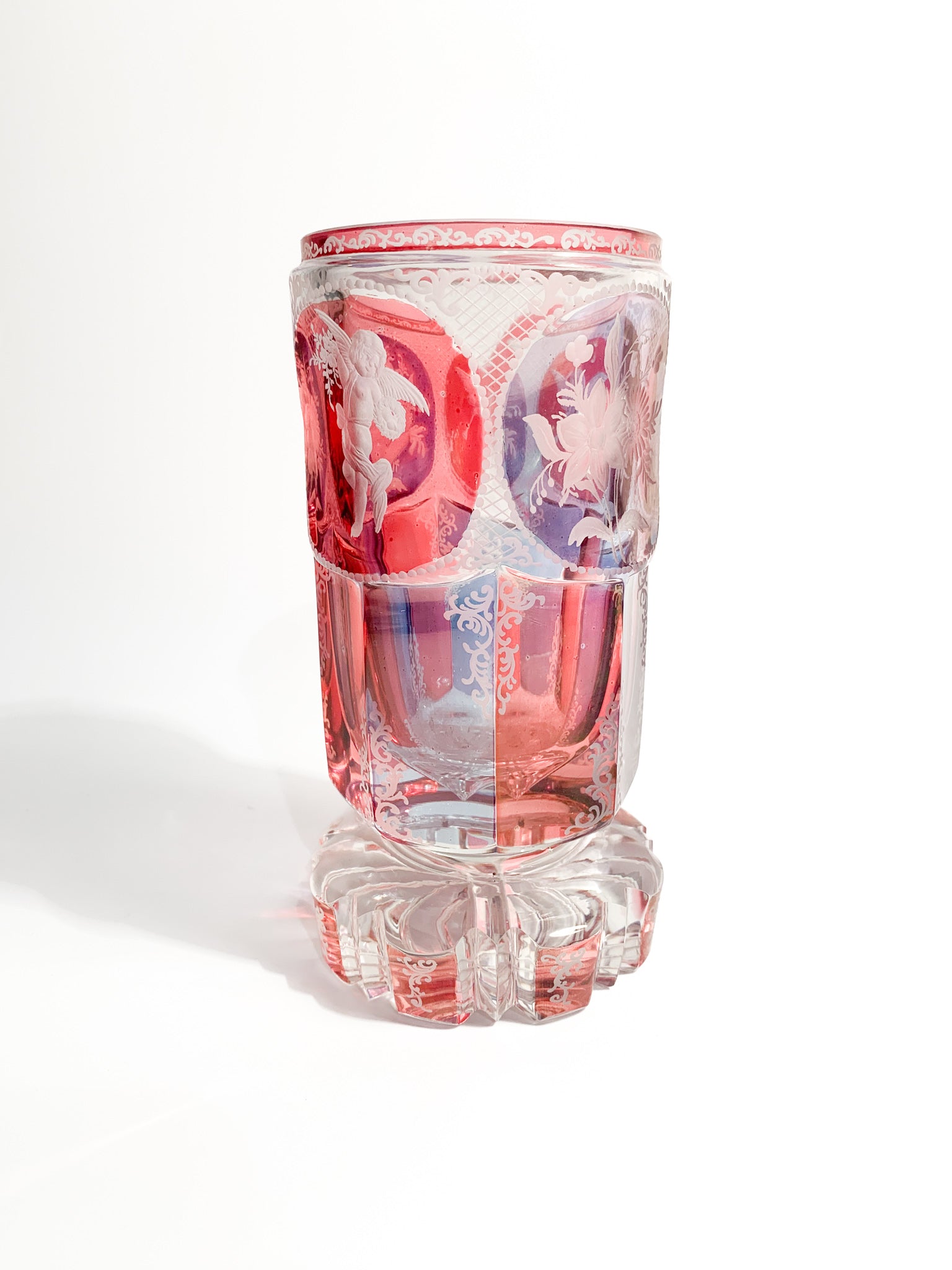 Pink and Purple Biedermeier Crystal Glass Decorated with Acid in 1800