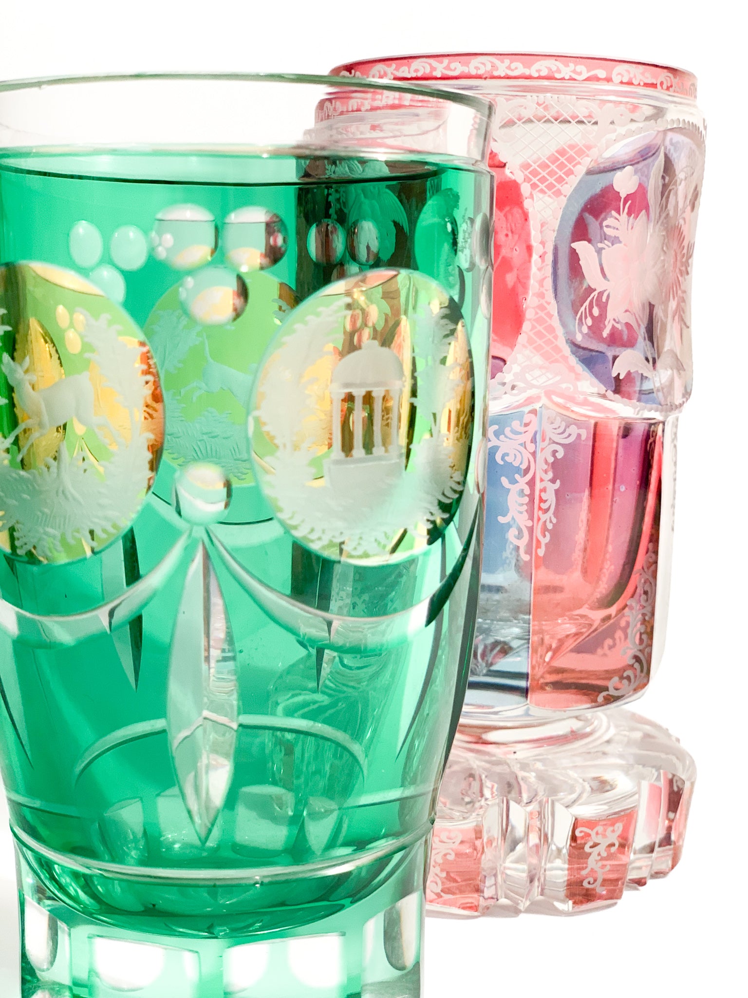 Pink and Purple Biedermeier Crystal Glass Decorated with Acid in 1800