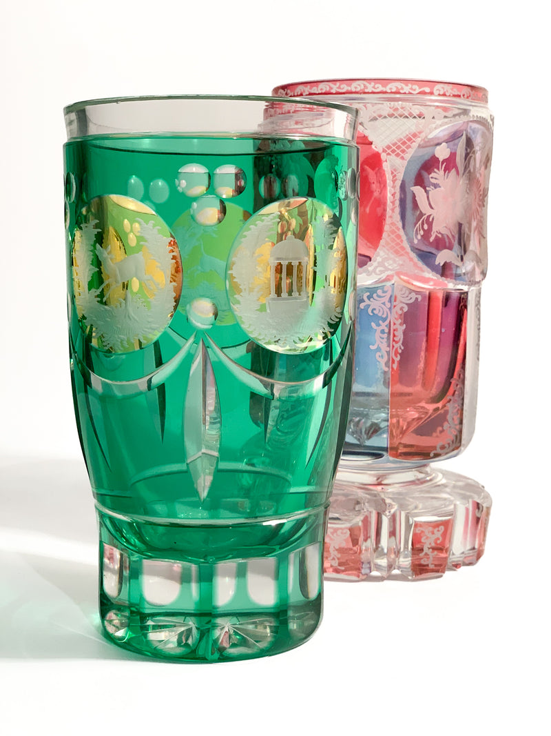 Acid-decorated Green and Yellow Biedermeier Crystal Glass from the 19th Century