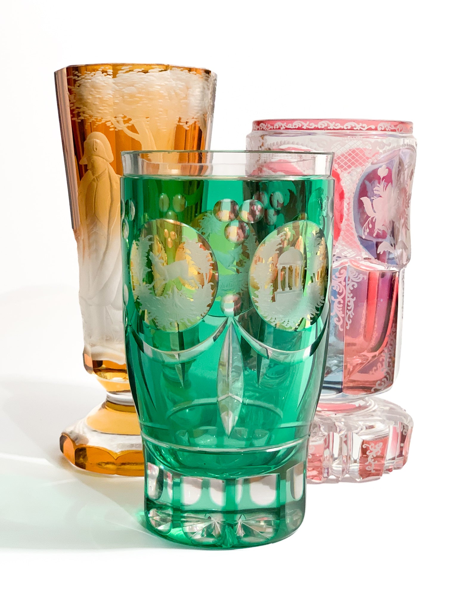 Acid-decorated Green and Yellow Biedermeier Crystal Glass from the 19th Century