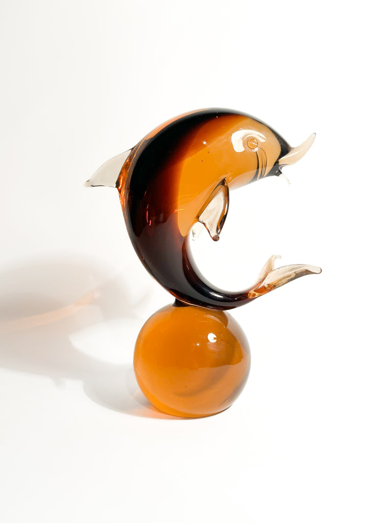 Scultura di Delfino in Vetro di Murano Arancio Attribuita a Seguso Anni 60