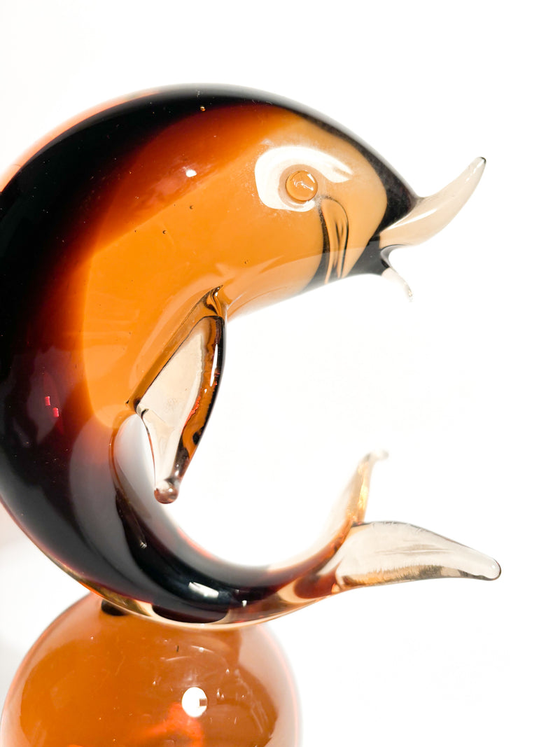 Scultura di Delfino in Vetro di Murano Arancio Attribuita a Seguso Anni 60