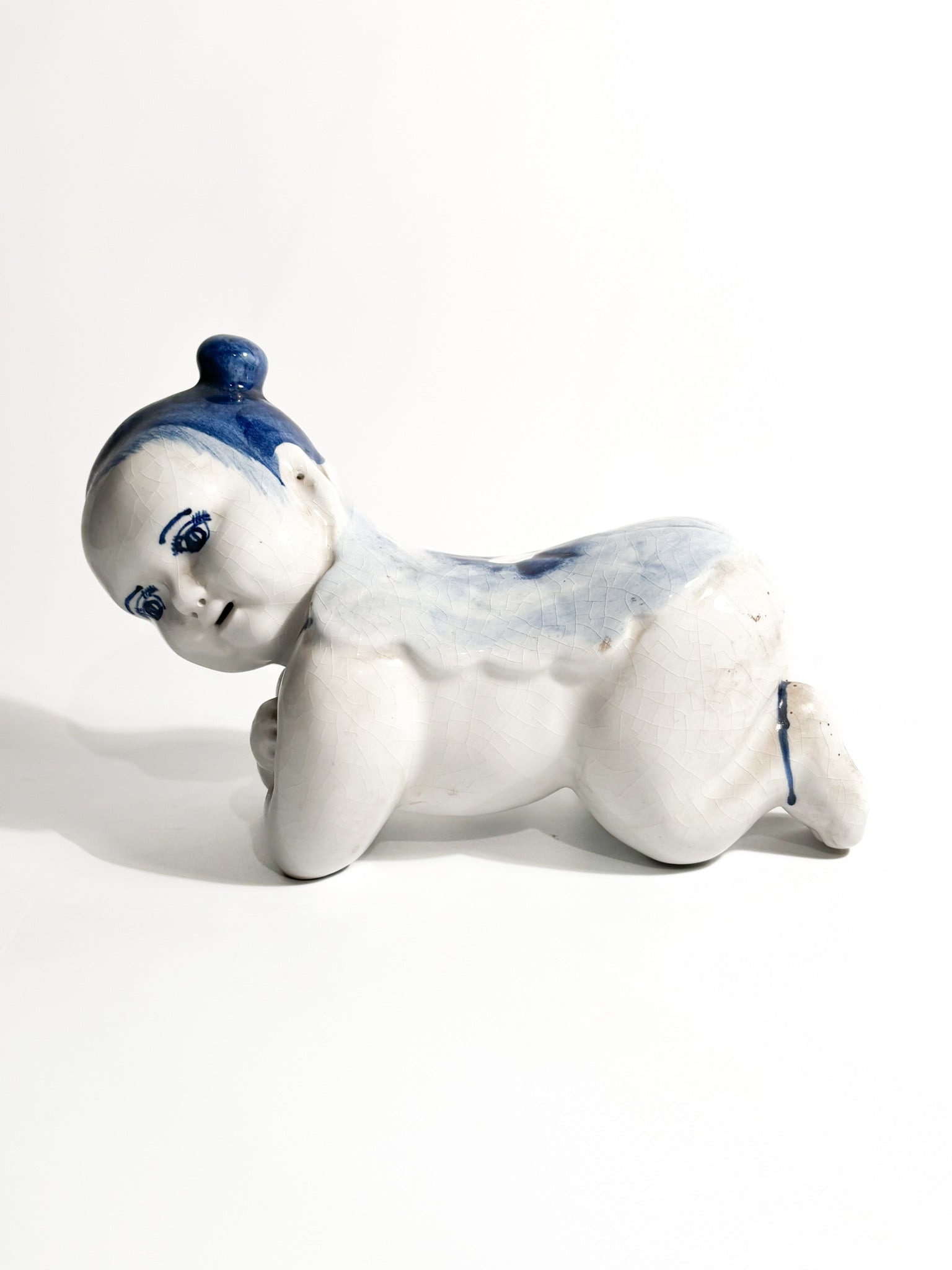 White Chinese Ceramic Cushion with 1930s China Blue Decorations