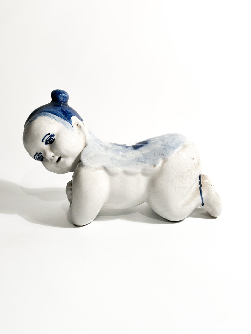Cuscino in Ceramica Cinese Bianco con Decorazioni Blu Cina Anni 30