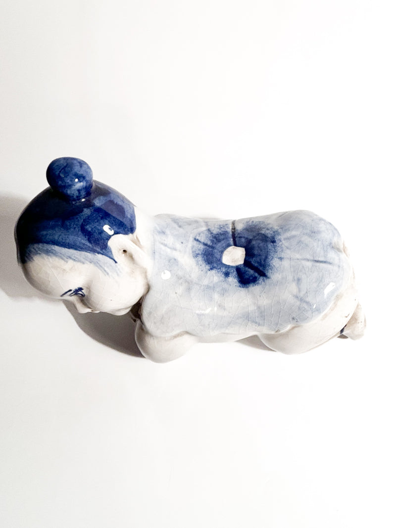 Cuscino in Ceramica Cinese Bianco con Decorazioni Blu Cina Anni 30