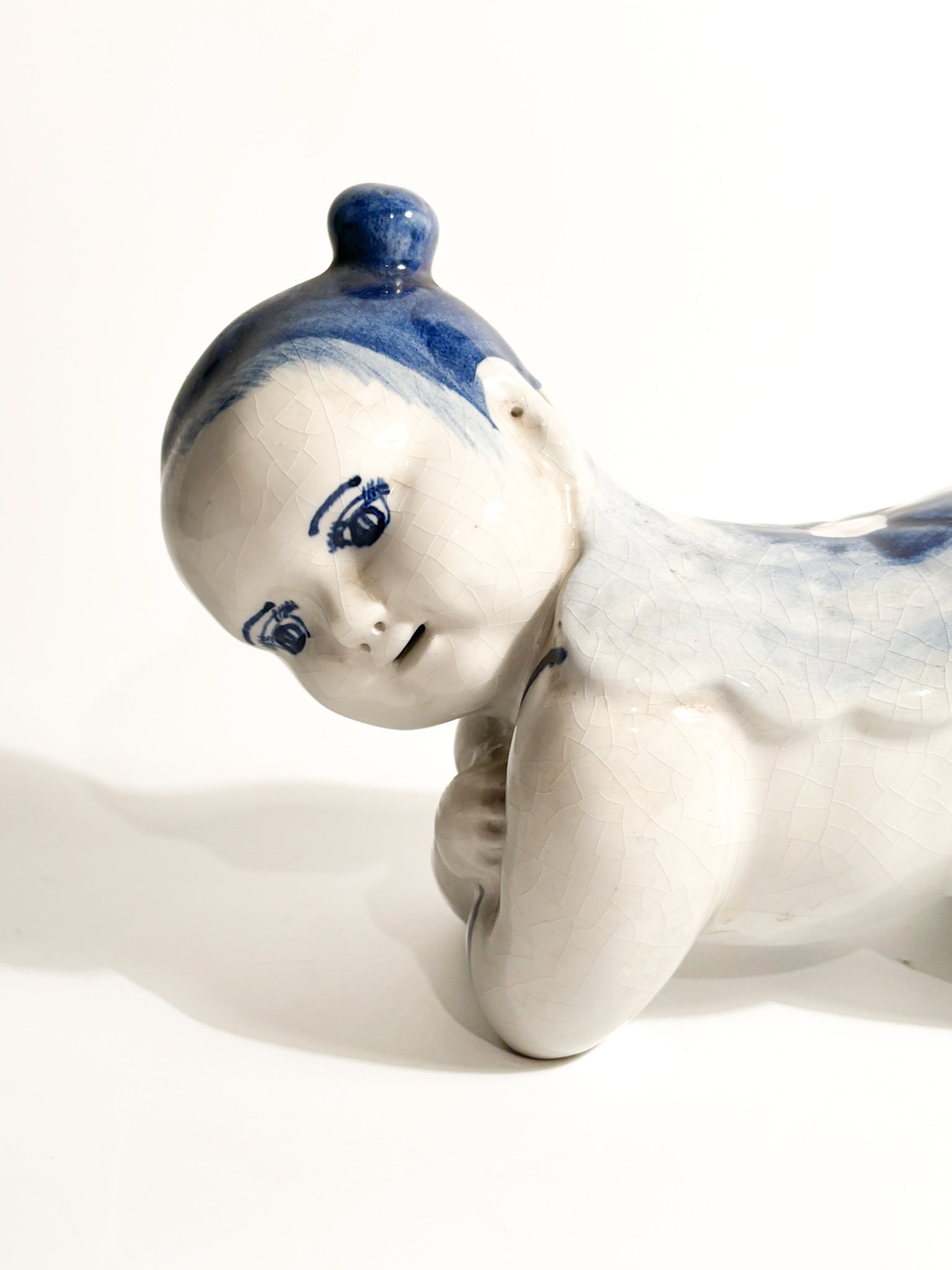 White Chinese Ceramic Cushion with 1930s China Blue Decorations