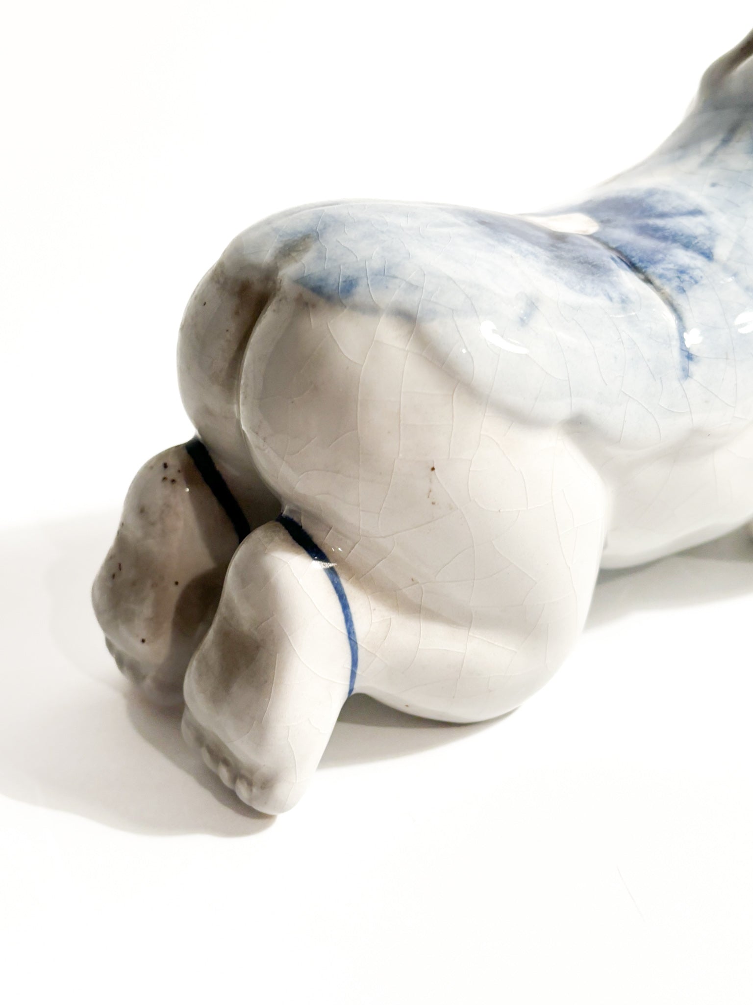 White Chinese Ceramic Cushion with 1930s China Blue Decorations