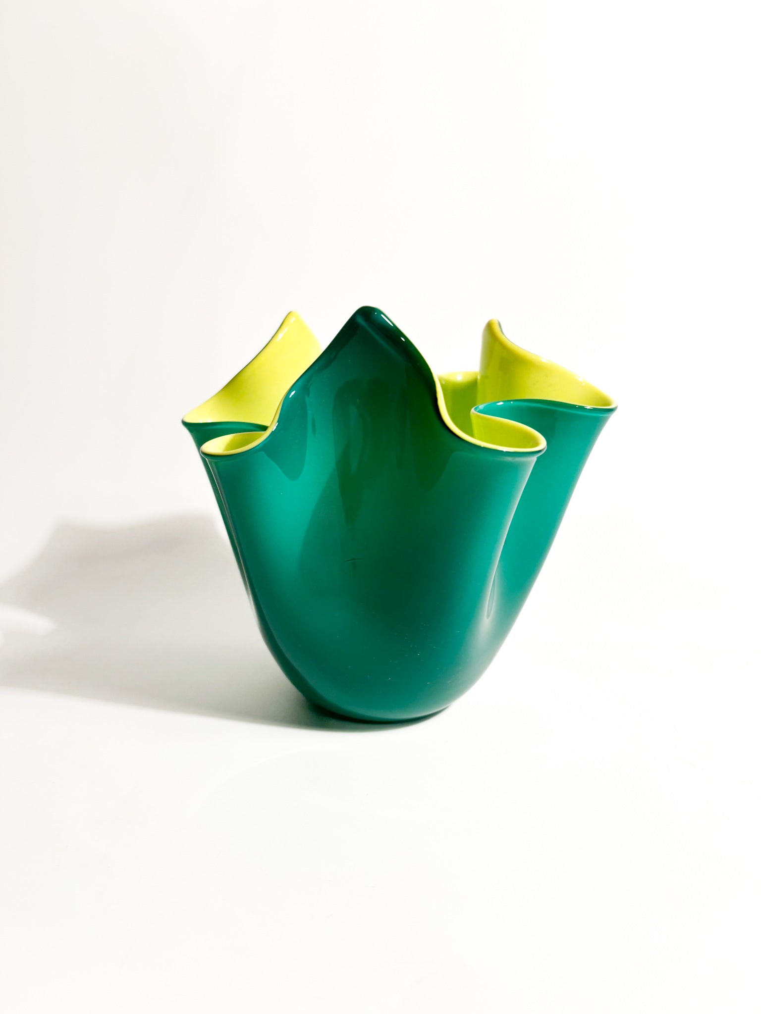 Fazzoletto Vase by Venini in Green Murano Glass with Yellow Interior, 1990s