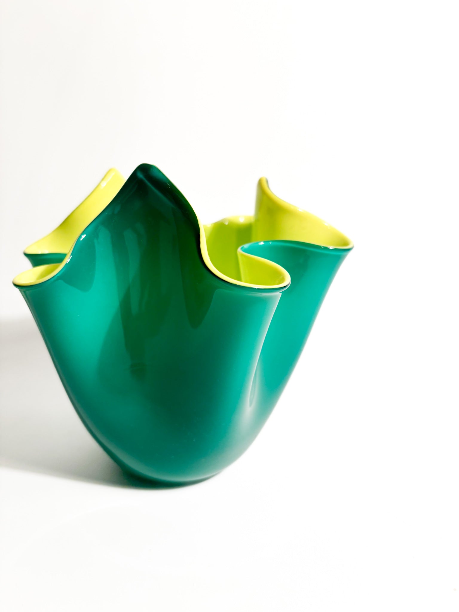 Fazzoletto Vase by Venini in Green Murano Glass with Yellow Interior, 1990s