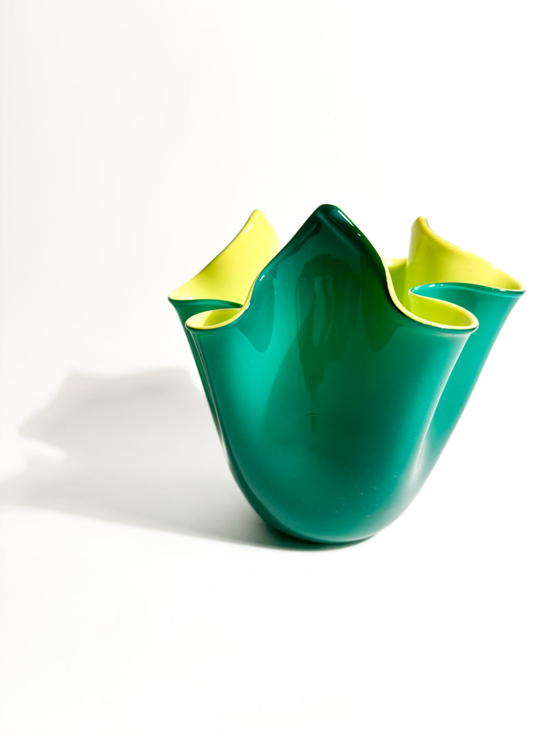 Fazzoletto Vase by Venini in Green Murano Glass with Yellow Interior, 1990s