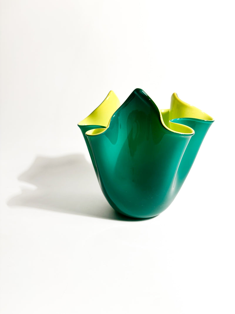 Fazzoletto Vase by Venini in Green Murano Glass with Yellow Interior, 1990s