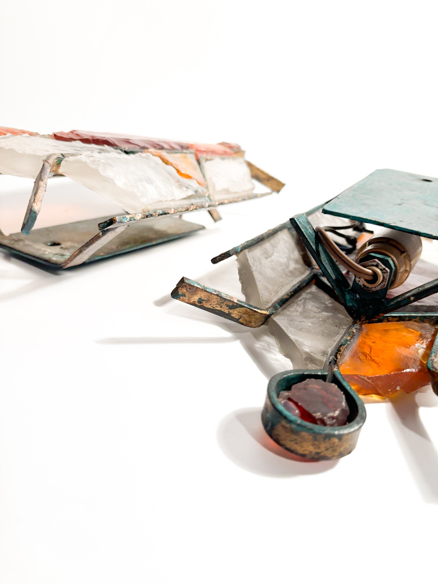 Pair of 1960s Outdoor Glass and Wrought Iron Wall Lights