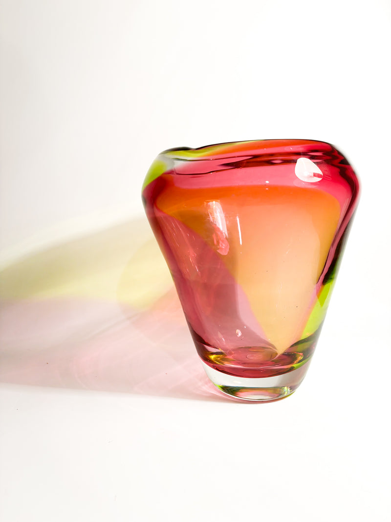 Submerged Pink and Yellow Murano Glass Vase from the 1970s