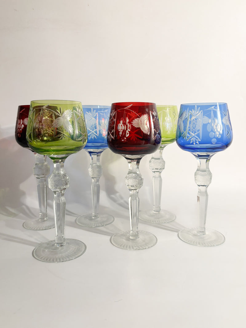 Set of 6 Multicolored Bohemian Crystal Glasses from the 70s