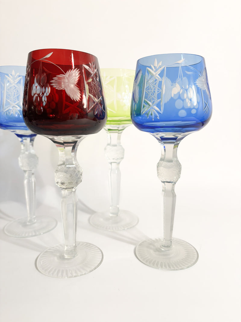 Set of 6 Multicolored Bohemian Crystal Glasses from the 70s