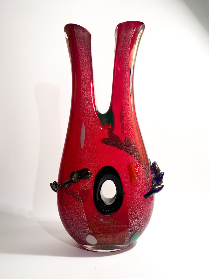 Red and Multicolored Murano Glass Vase, 1950s Dino Martens Style