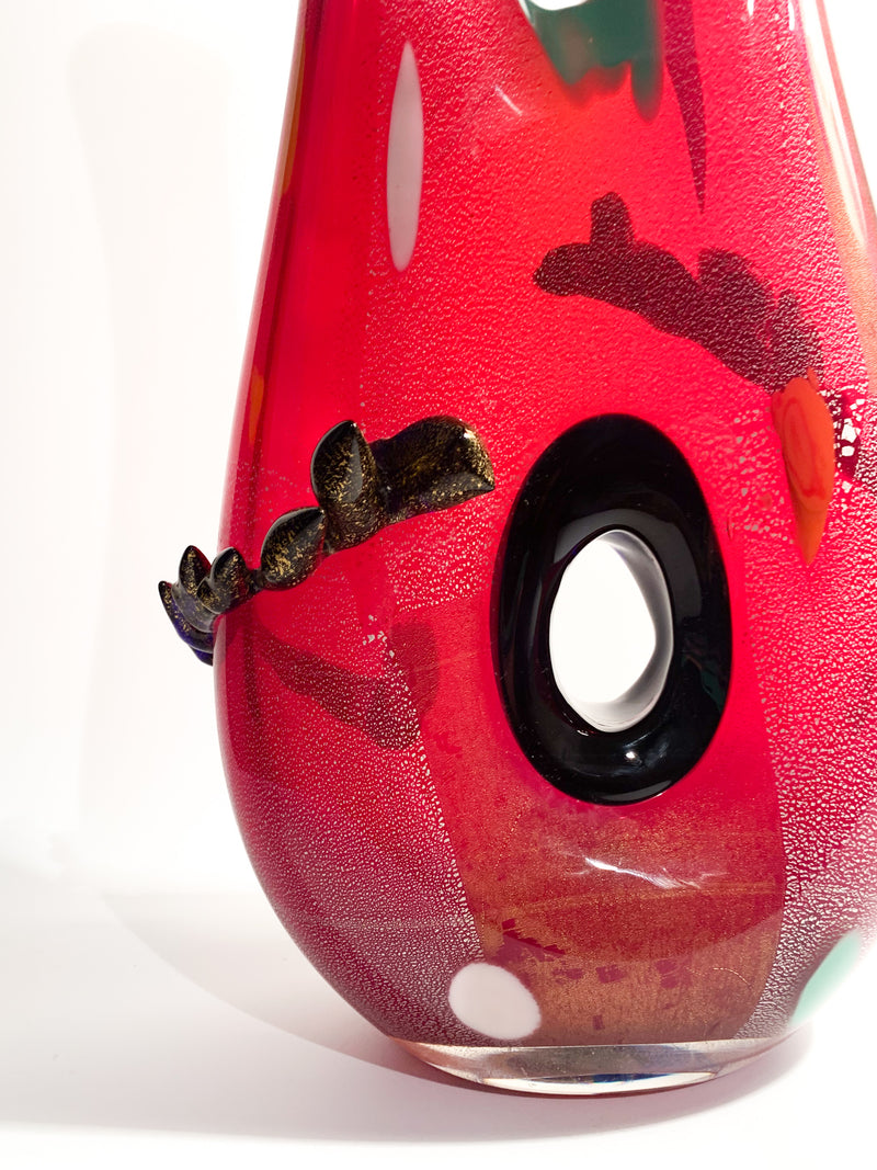 Vaso in Vetro di Murano Rosso e Multicolore Stile Dino Martens Anni 50