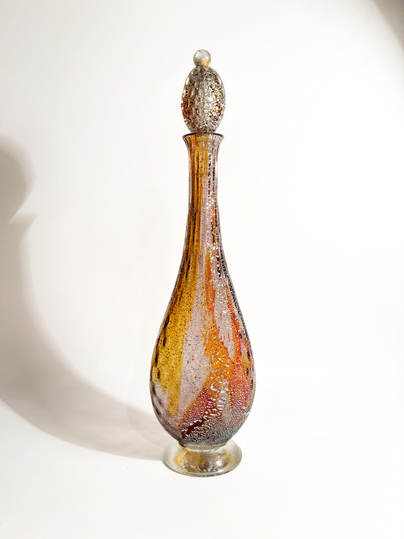 Multicolored Murano Glass Bottle with Silver Leaf from the 1980s
