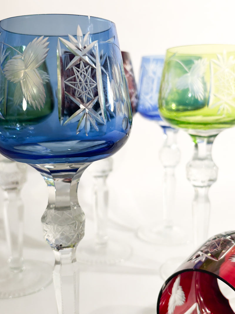 Set of 6 Multicolored Bohemian Crystal Glasses from the 70s