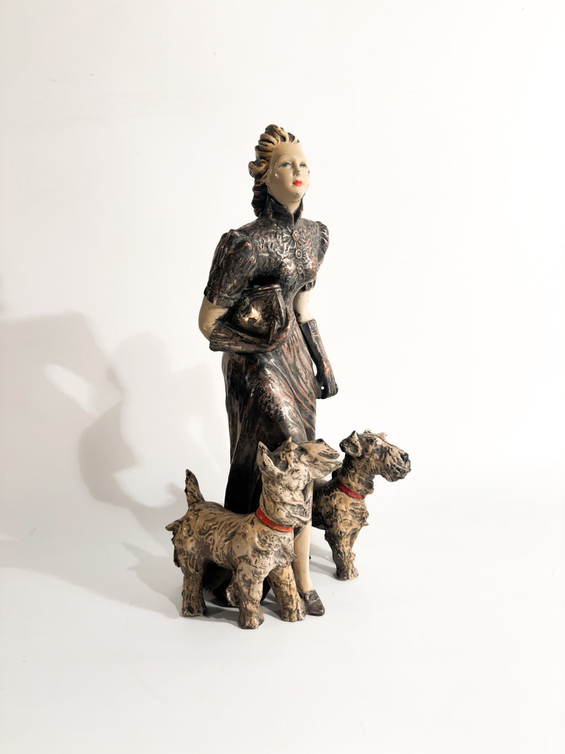 Ceramic Sculpture of Lady with Fox Terrier by Ceramiche Mollica 1940s