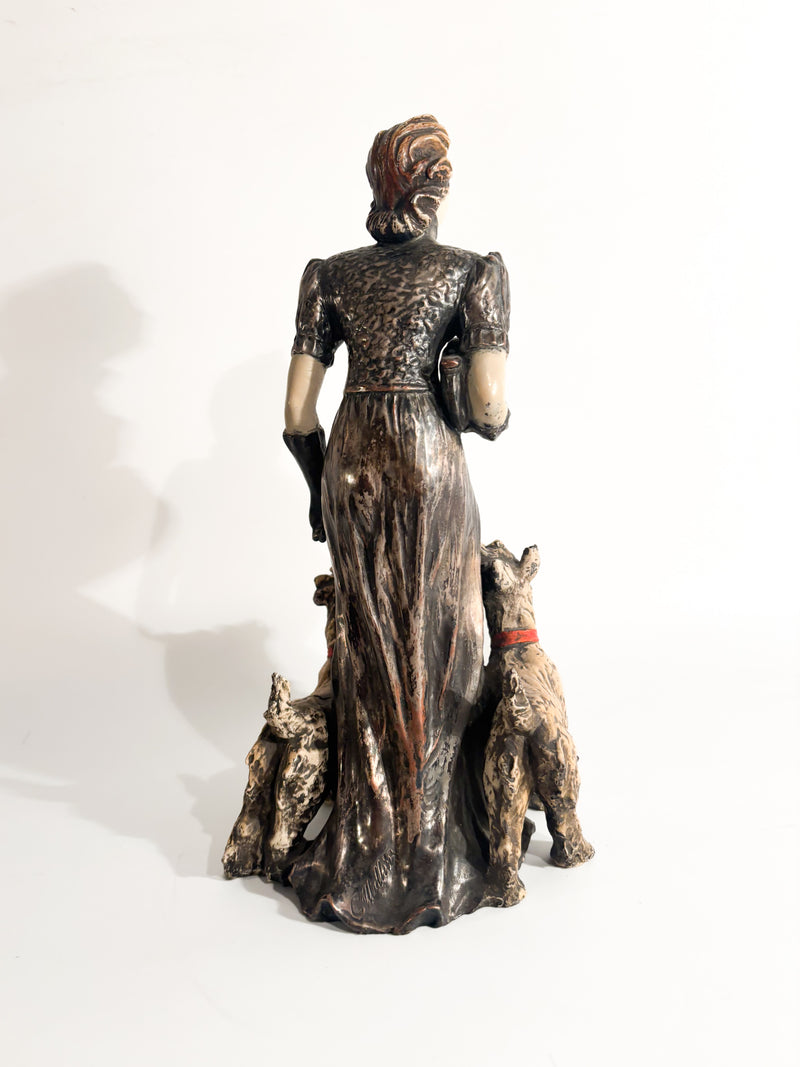 Scultura in Ceramica di Dama con Fox Terrier di Ceramiche Mollica Anni 40