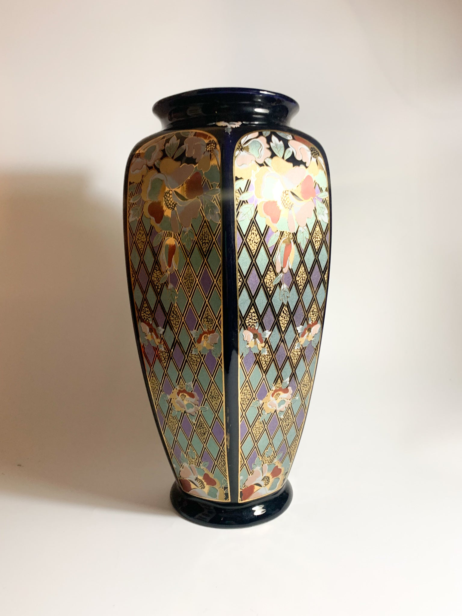 Vaso in Ceramica Italiana di Dècor Exclusiv Blu e Decorazioni Dorate Anni 70