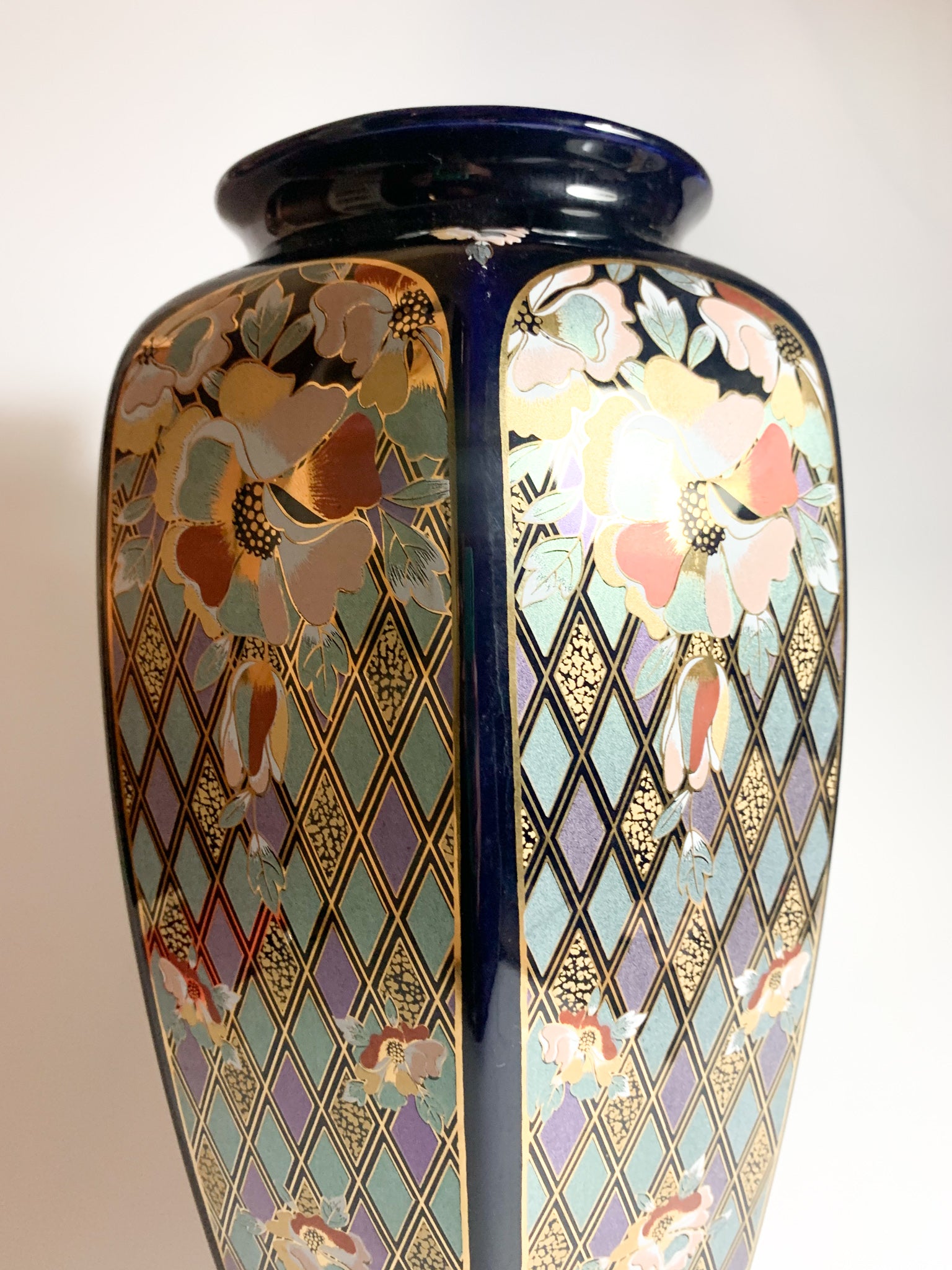 Vaso in Ceramica Italiana di Dècor Exclusiv Blu e Decorazioni Dorate Anni 70