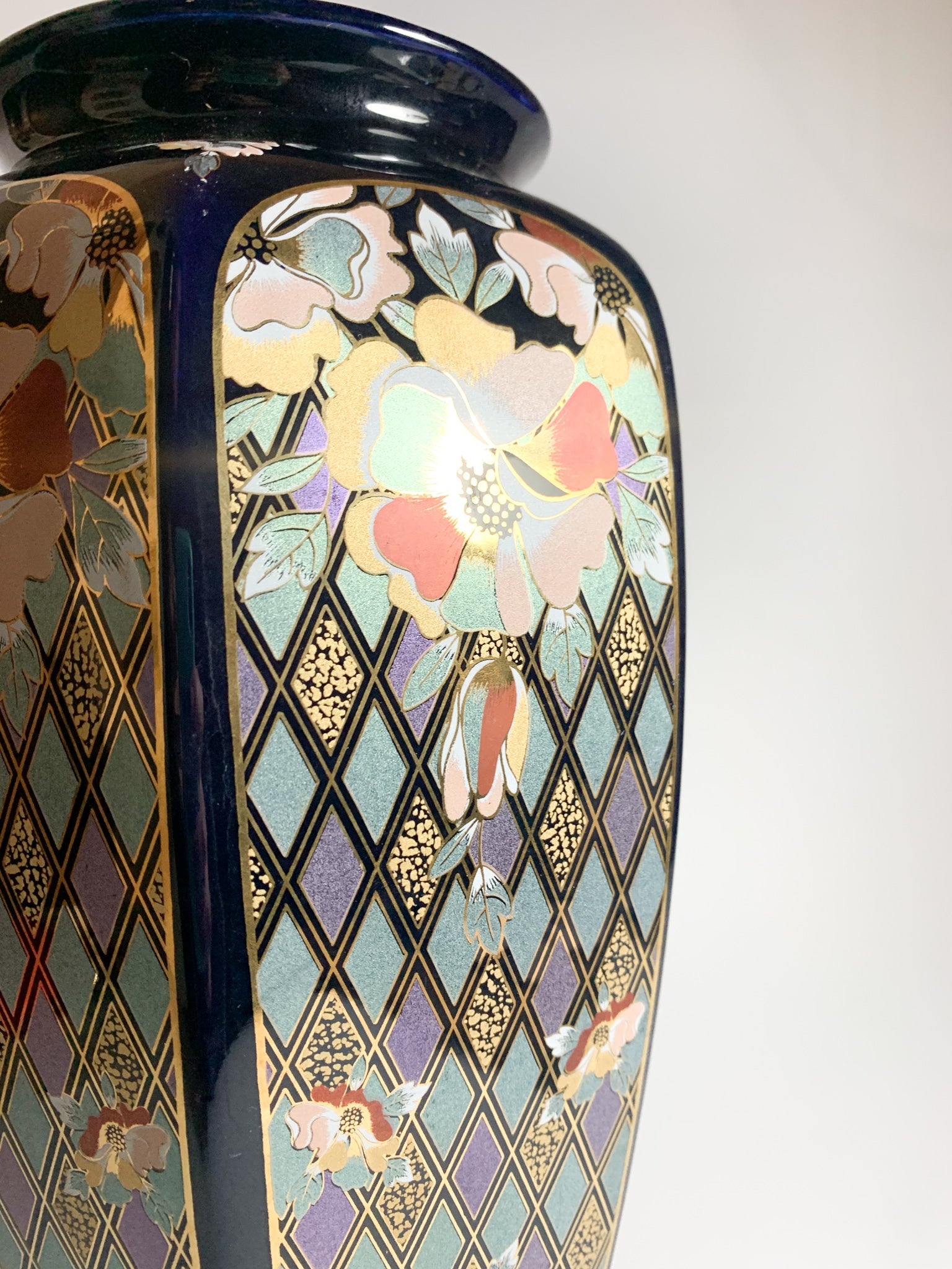 Vaso in Ceramica Italiana di Dècor Exclusiv Blu e Decorazioni Dorate Anni 70