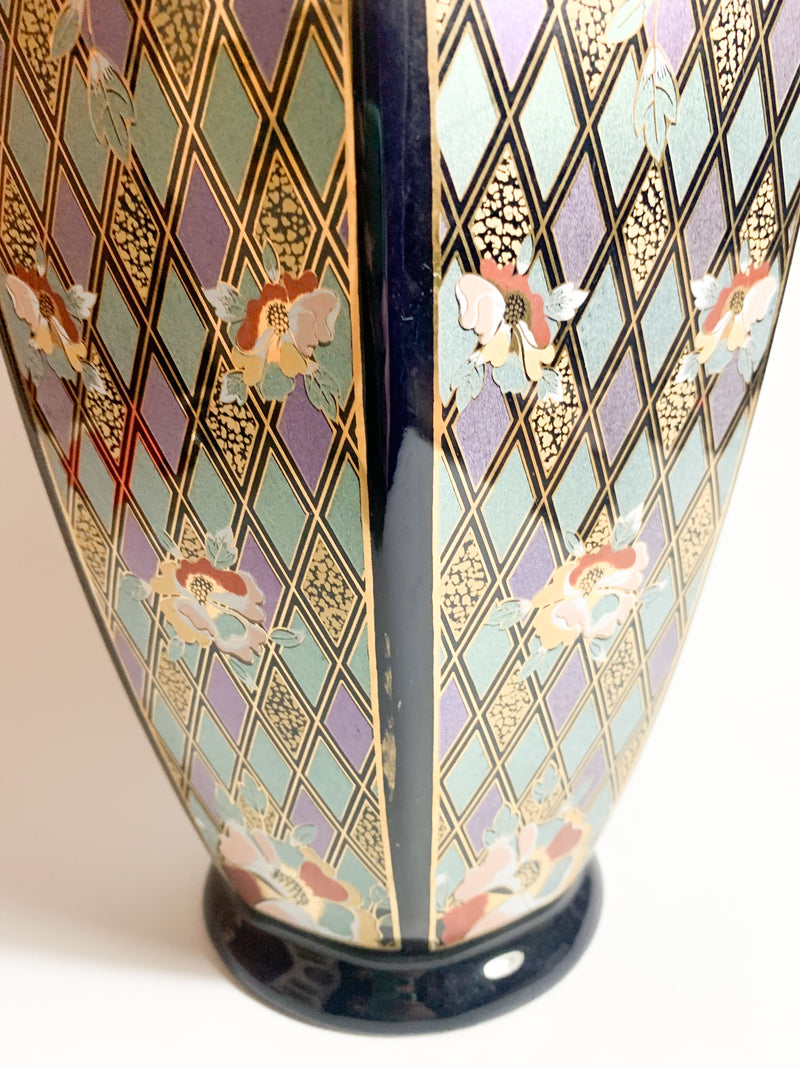 Vaso in Ceramica Italiana di Dècor Exclusiv Blu e Decorazioni Dorate Anni 70