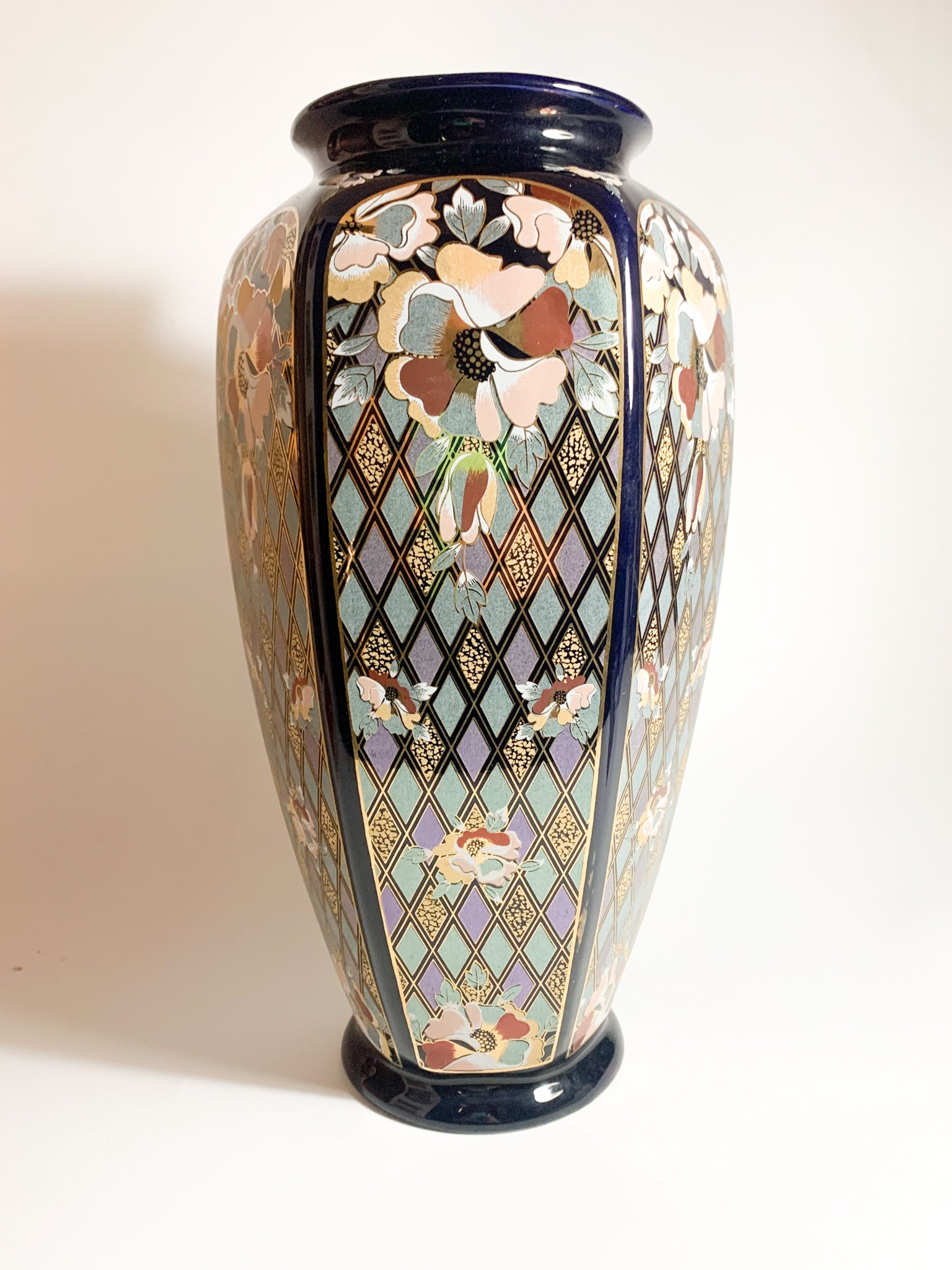 Vaso in Ceramica Italiana di Dècor Exclusiv Blu e Decorazioni Dorate Anni 70