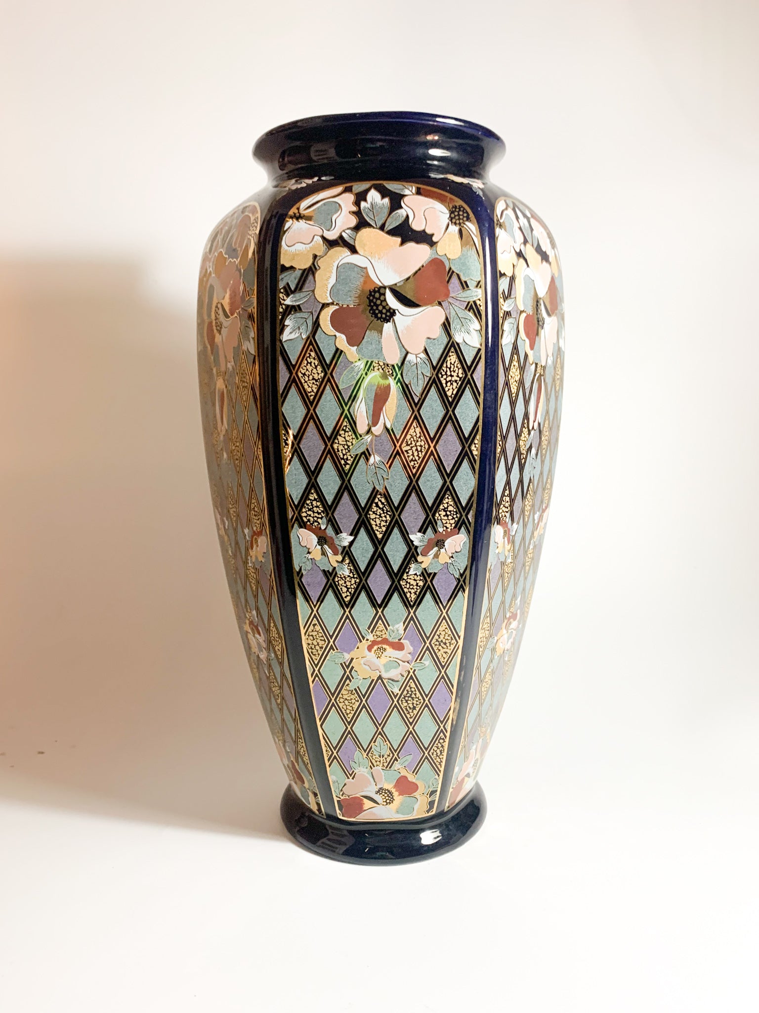 Vaso in Ceramica Italiana di Dècor Exclusiv Blu e Decorazioni Dorate Anni 70