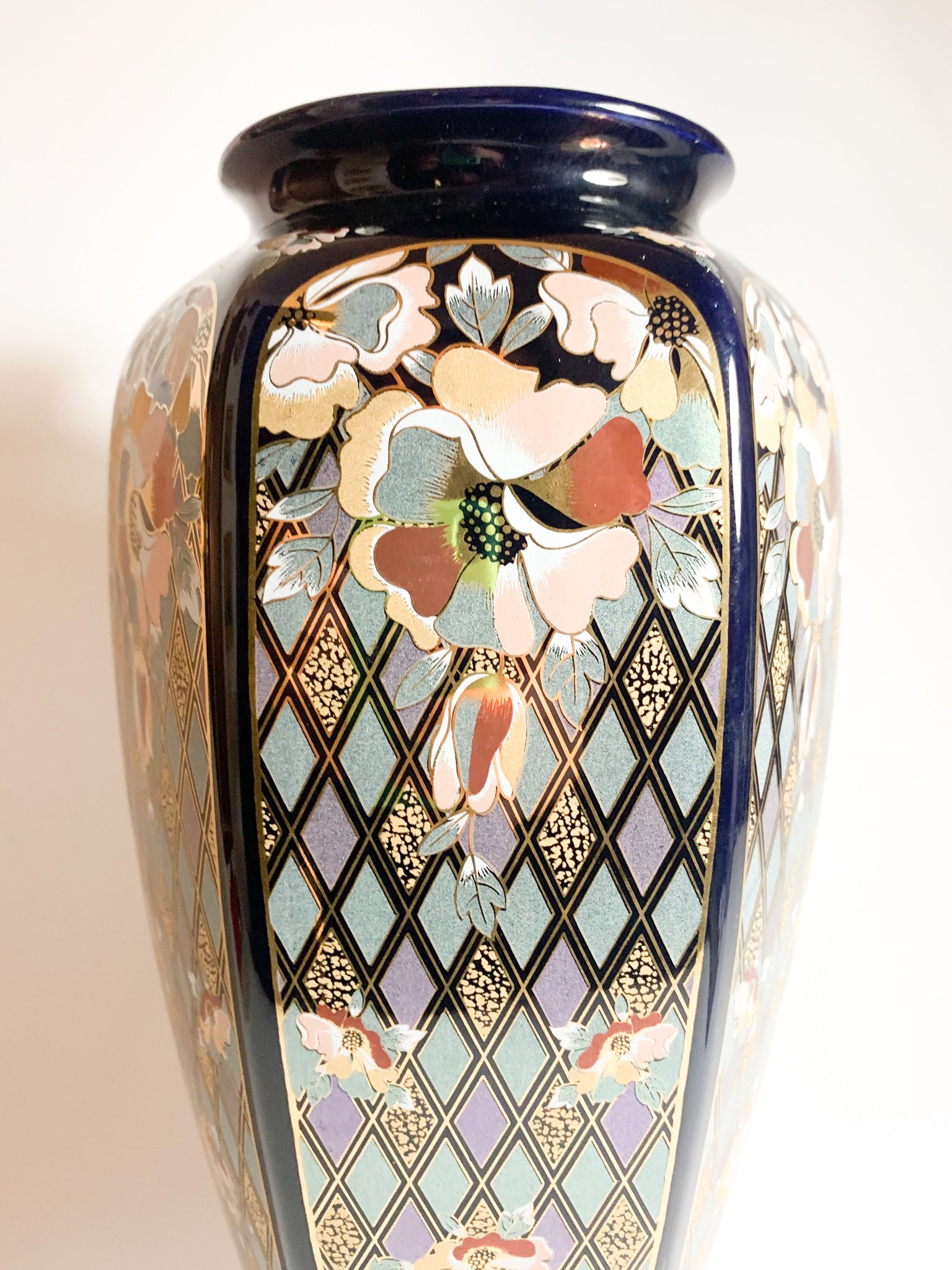 Vaso in Ceramica Italiana di Dècor Exclusiv Blu e Decorazioni Dorate Anni 70