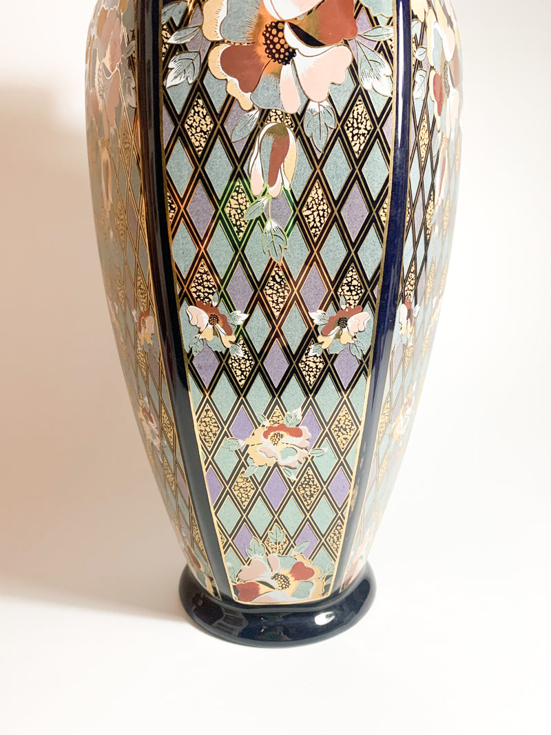 Italian Ceramic Vase by Dècor Exclusiv Blue and Golden Decorations from the 70s