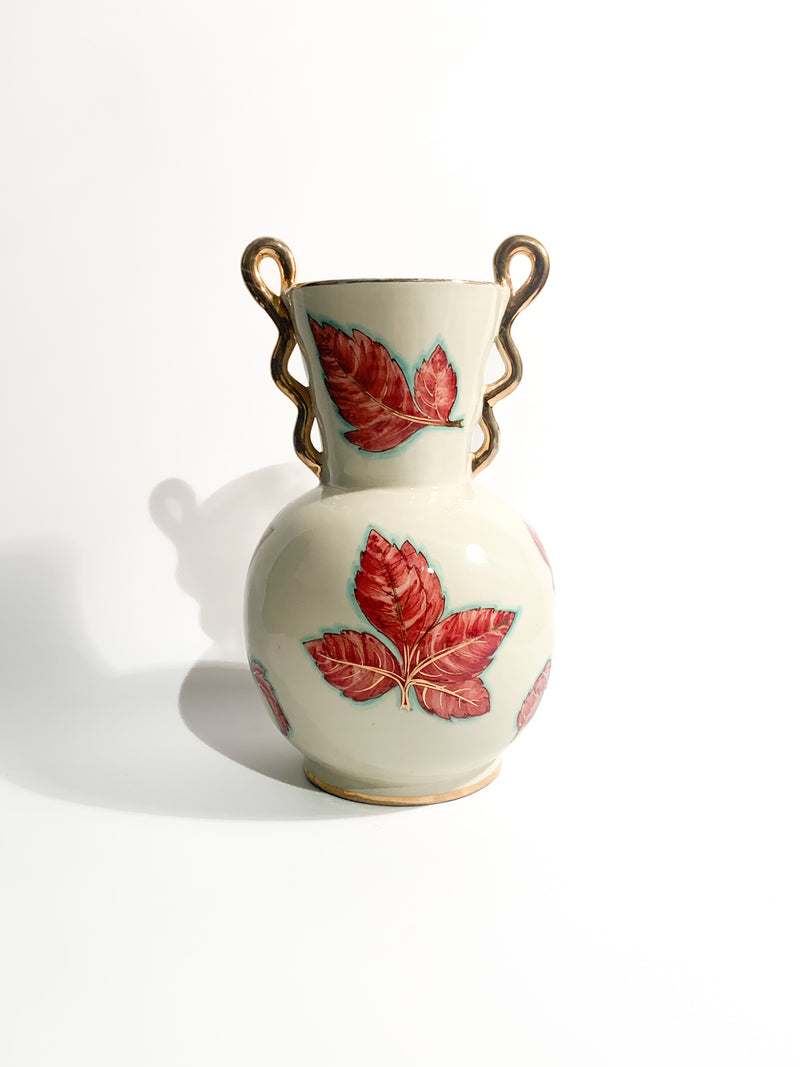 Vaso in Ceramica di Perugia Dipinto a Mano con Foglie Anni 40