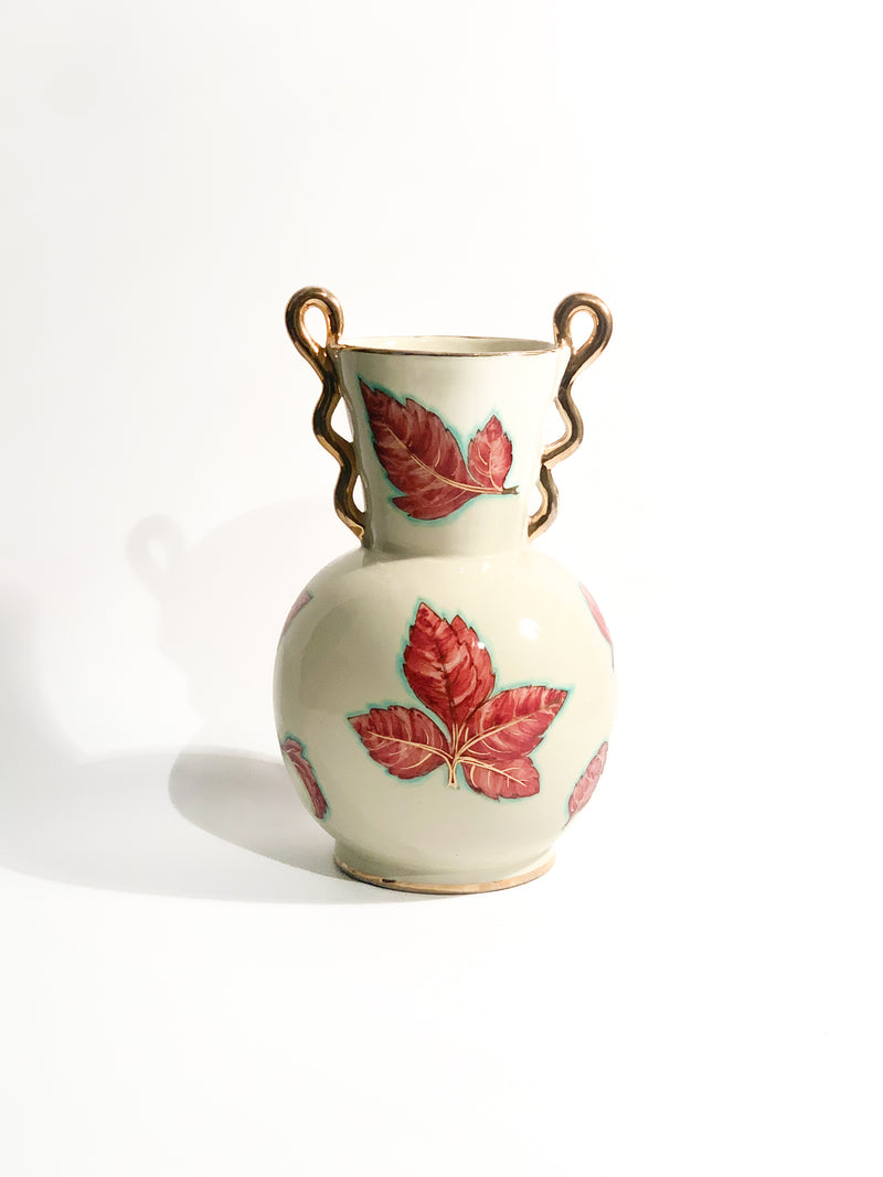 Hand-Painted Perugia Ceramic Vase with Leaves from the 1940s