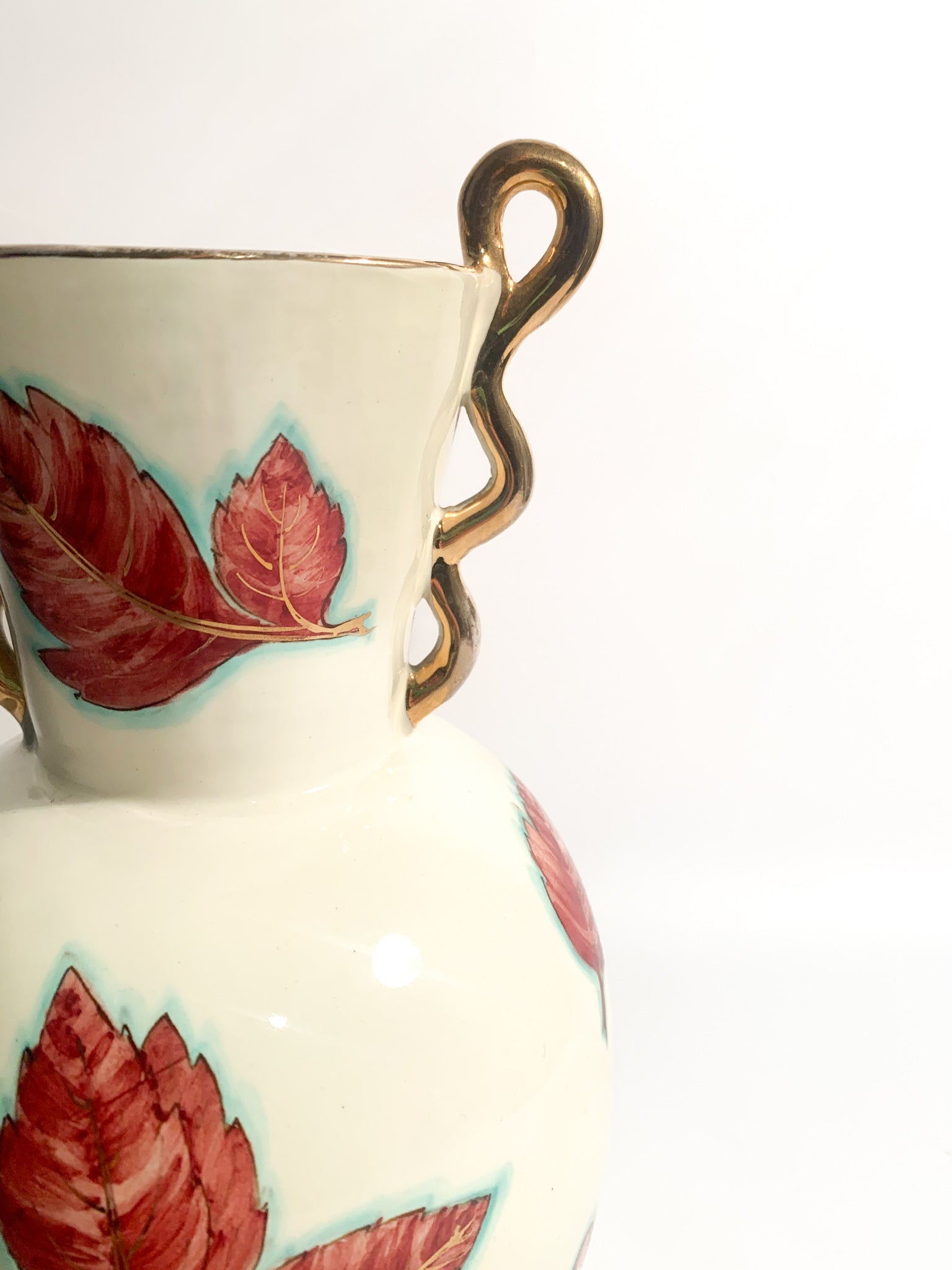 Vaso in Ceramica di Perugia Dipinto a Mano con Foglie Anni 40