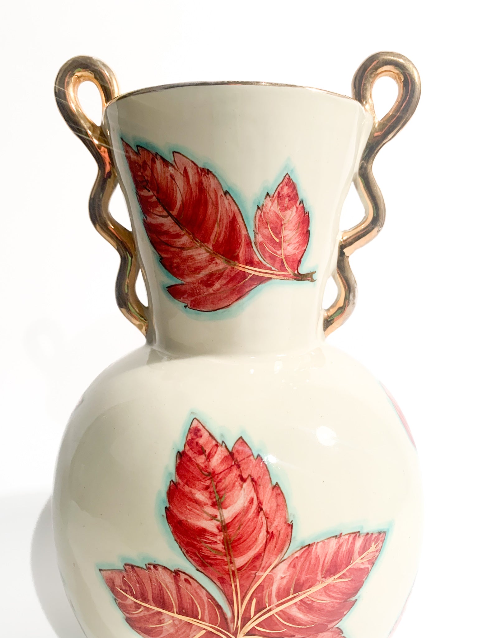 Vaso in Ceramica di Perugia Dipinto a Mano con Foglie Anni 40