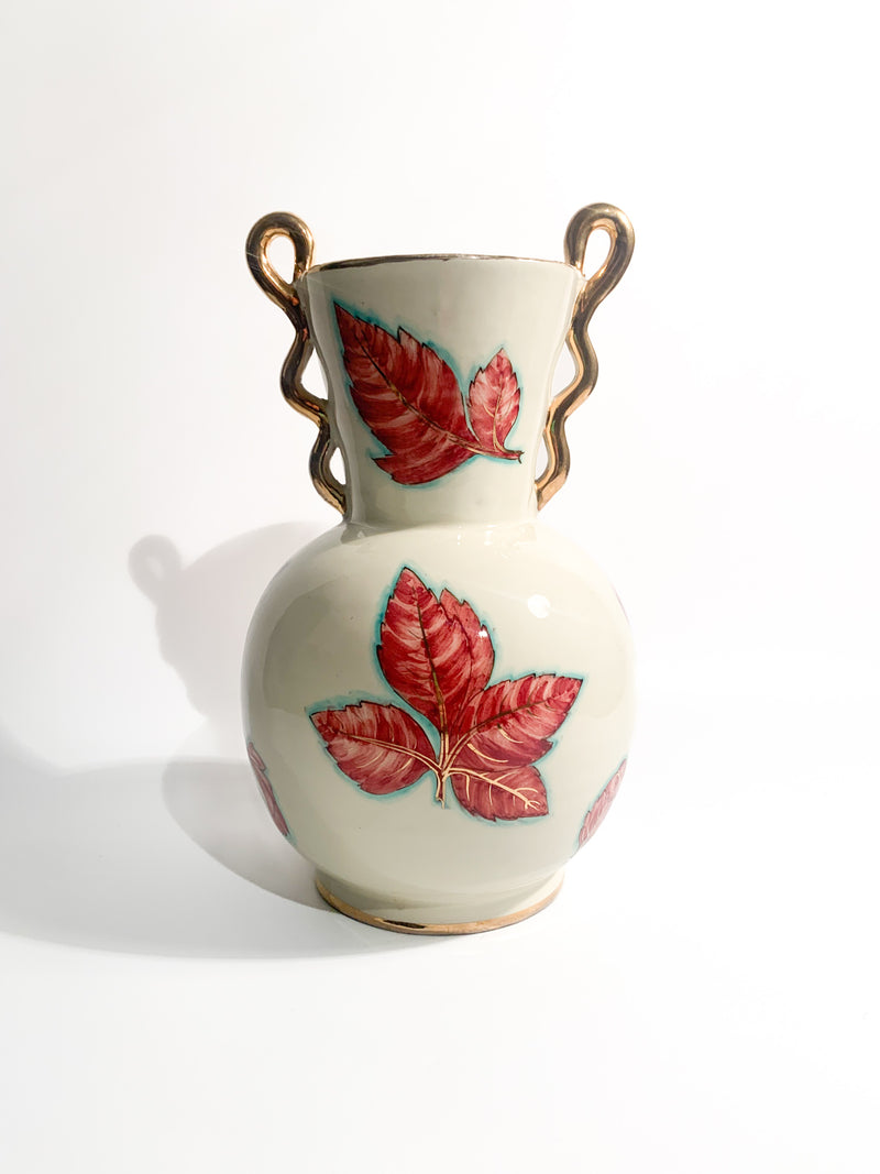 Vaso in Ceramica di Perugia Dipinto a Mano con Foglie Anni 40