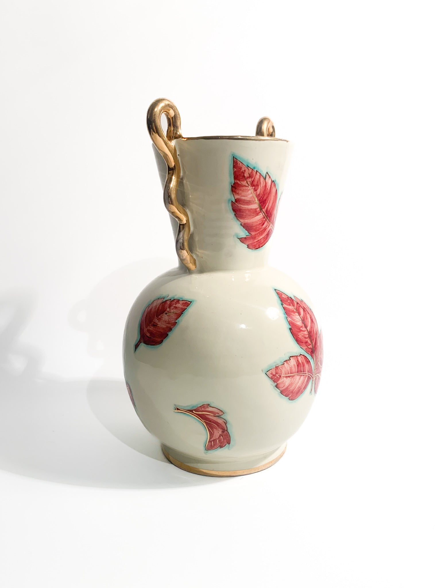 Vaso in Ceramica di Perugia Dipinto a Mano con Foglie Anni 40