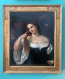 Dipinto Olio su Tela Scuola Tiziano Ritratto di Donna allo Specchio in Cornice in Oro Zecchino del 1700
