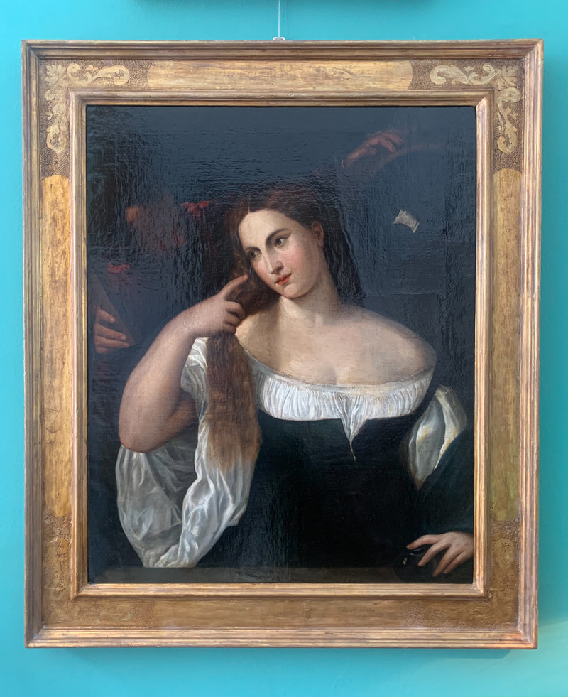 Oil painting on canvas by La Casta Susanna in a pure gold frame from the 1700s