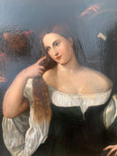 Dipinto Olio su Tela Scuola Tiziano Ritratto di Donna allo Specchio in Cornice in Oro Zecchino del 1700