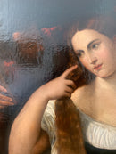 Dipinto Olio su Tela Scuola Tiziano Ritratto di Donna allo Specchio in Cornice in Oro Zecchino del 1700