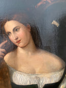 Dipinto Olio su Tela Scuola Tiziano Ritratto di Donna allo Specchio in Cornice in Oro Zecchino del 1700