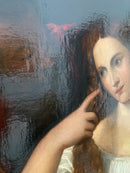 Dipinto Olio su Tela Scuola Tiziano Ritratto di Donna allo Specchio in Cornice in Oro Zecchino del 1700