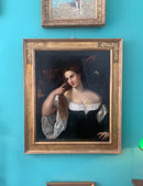 Dipinto Olio su Tela Scuola Tiziano Ritratto di Donna allo Specchio in Cornice in Oro Zecchino del 1700