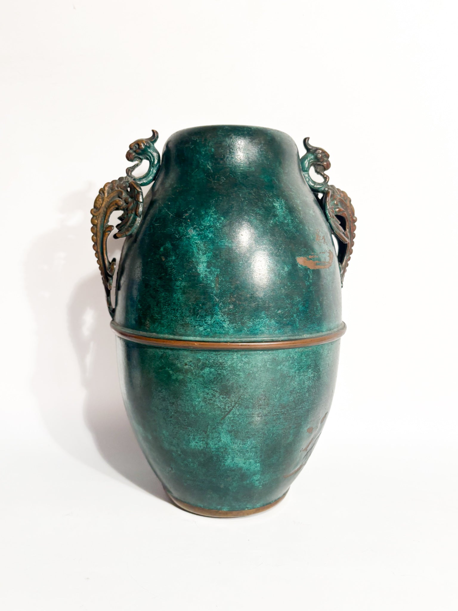 Vaso Ansato in Rame Verde Smaltato Anni 30
